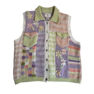 Susan Bristol Women's Spring Floral Knit Sweater Vest Pastel Purple Peach Medium